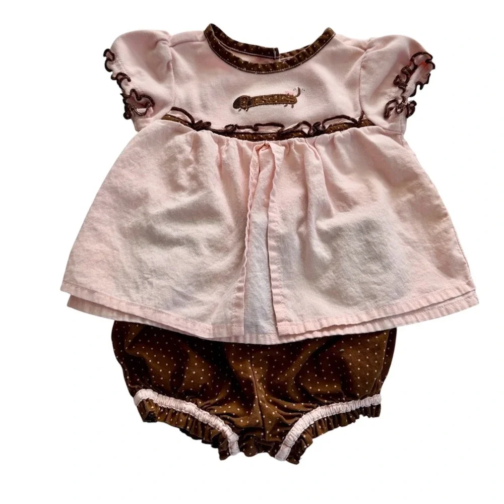 VTG Gymboree Baby Girl Pink Brown Dachshund Dog Polka Dot Bloomer Set 0-3 Months